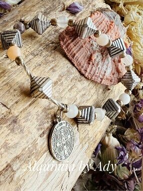 FALL VIBES White and  peach moonstone silver Saint Benedict BEADED bracelet
